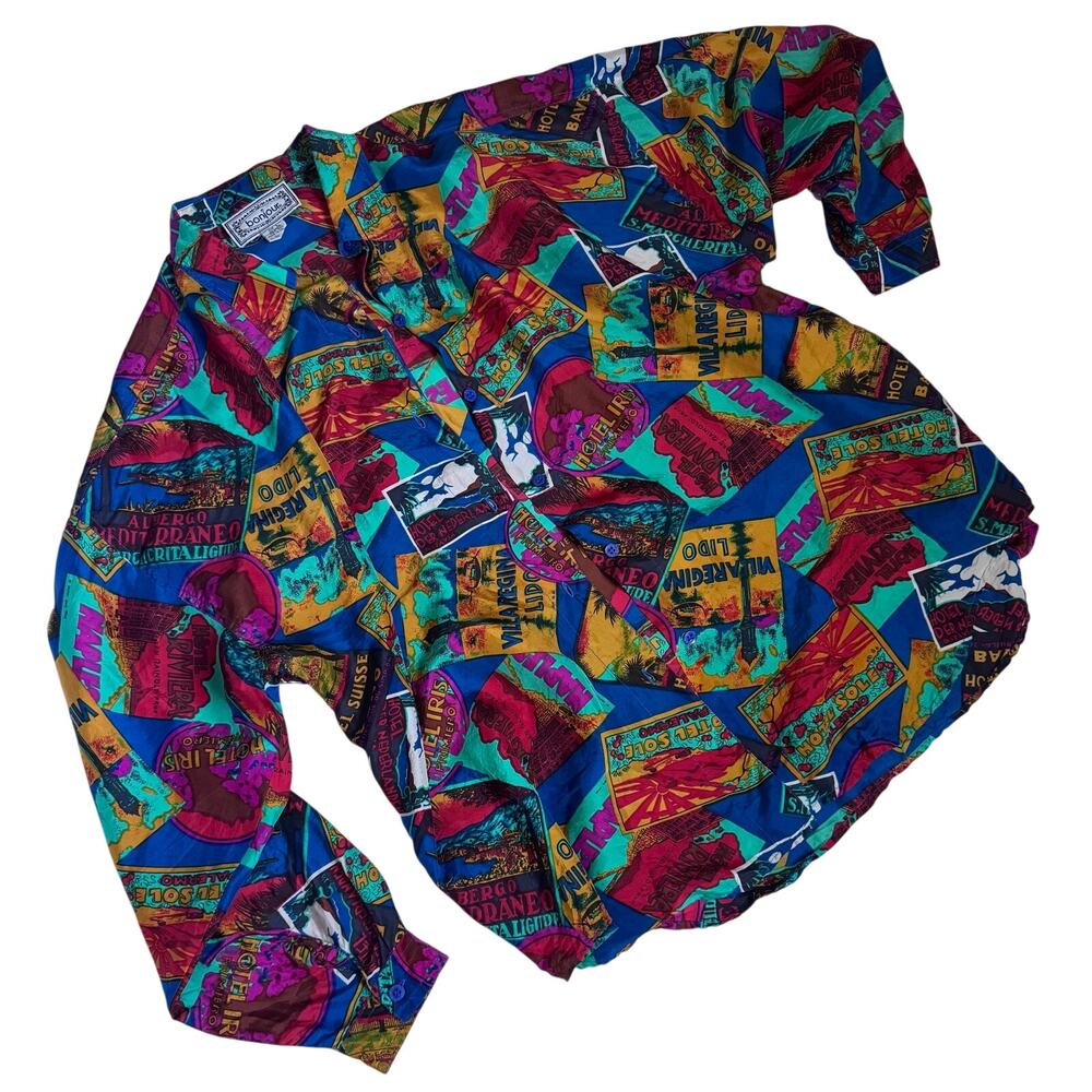 Vintage Bonjour Loud Travel Print 100% Silk Button Down Women's Large Shirt